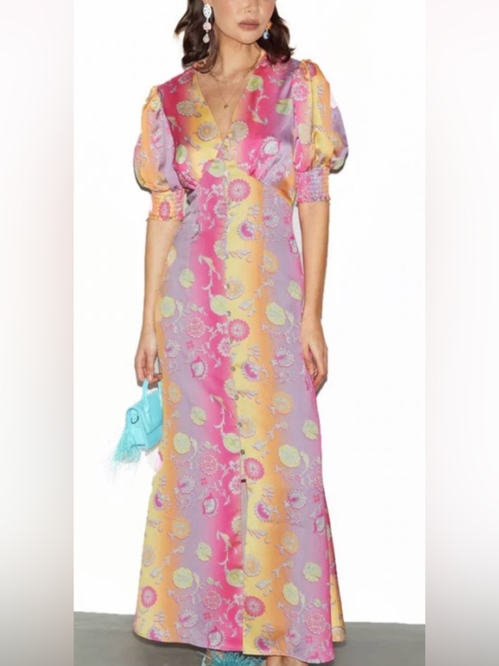 Never fully dressed - Floral V-Neck Midi Dress in Pink & Yellow NWT